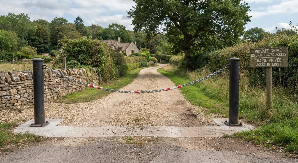 Comment empêcher les gens de faire demi-tour chez moi ? 4 Chaîne et poteaux délimitant une allée privée pour bloquer les manœuvres de véhicules inconnus.