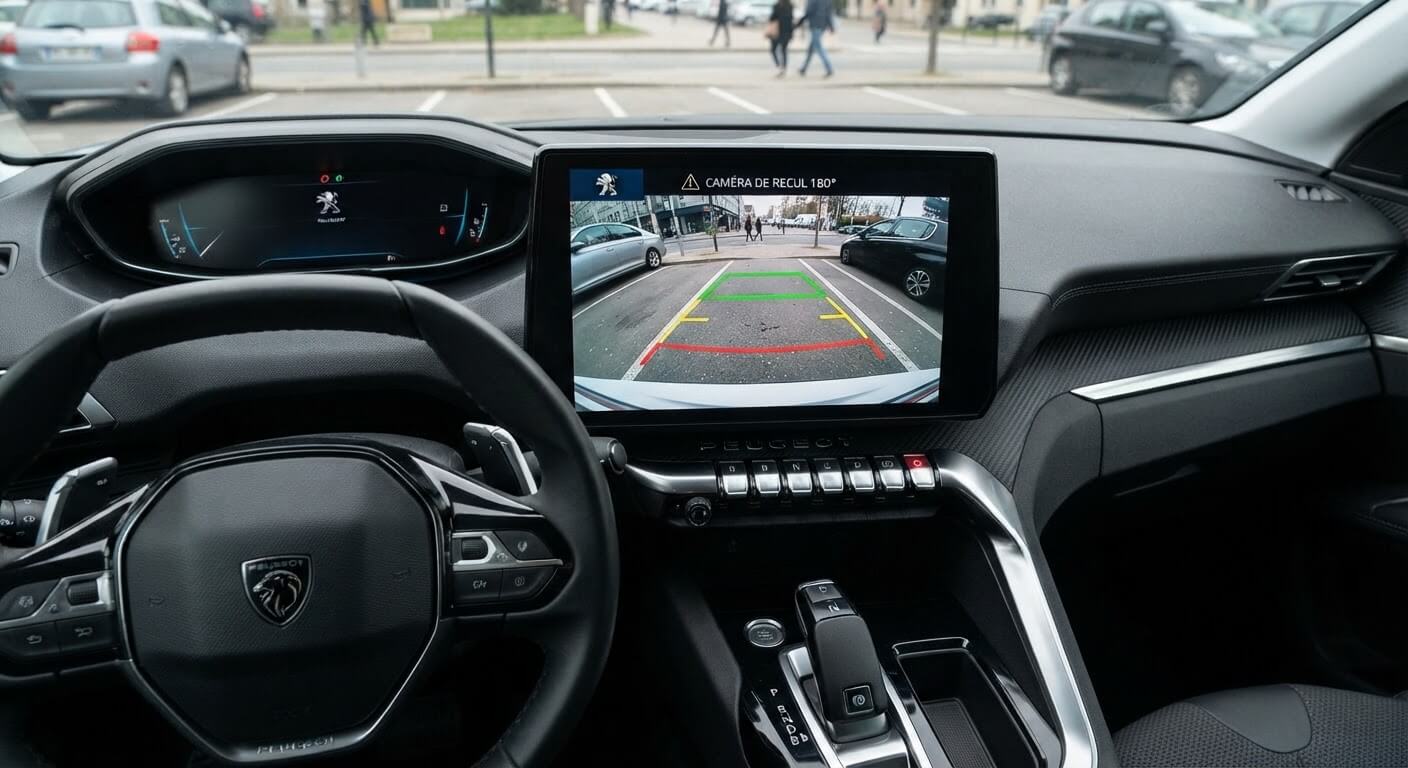 Affichage de la caméra de recul avec vue arrière à 180 degrés sur l'écran tactile d'une Peugeot 3008.