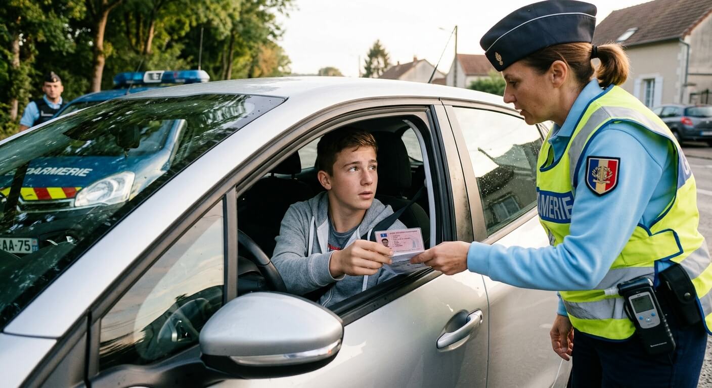 Contrôle routier de police auprès d'un jeune conducteur mineur au volant d'un véhicule.