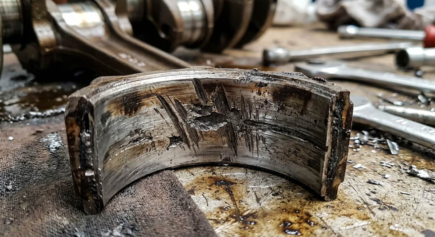 Coussinet de bielle usé présentant des rayures profondes et une perte de matière antifriction.