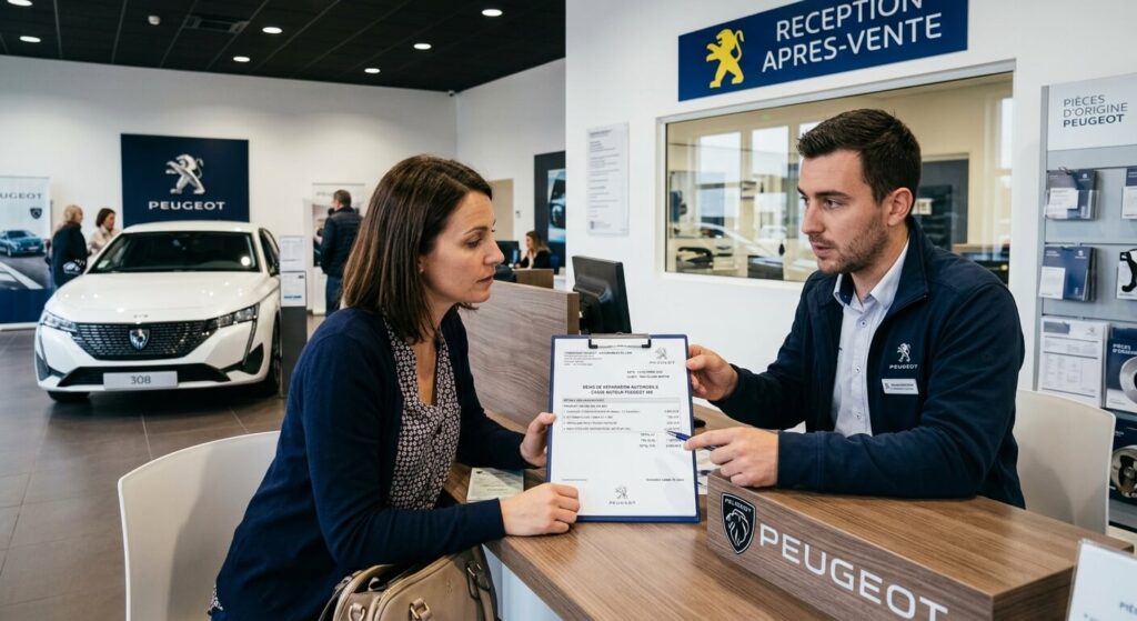 Devis de réparation automobile pour une casse moteur présenté dans une concession Peugeot.