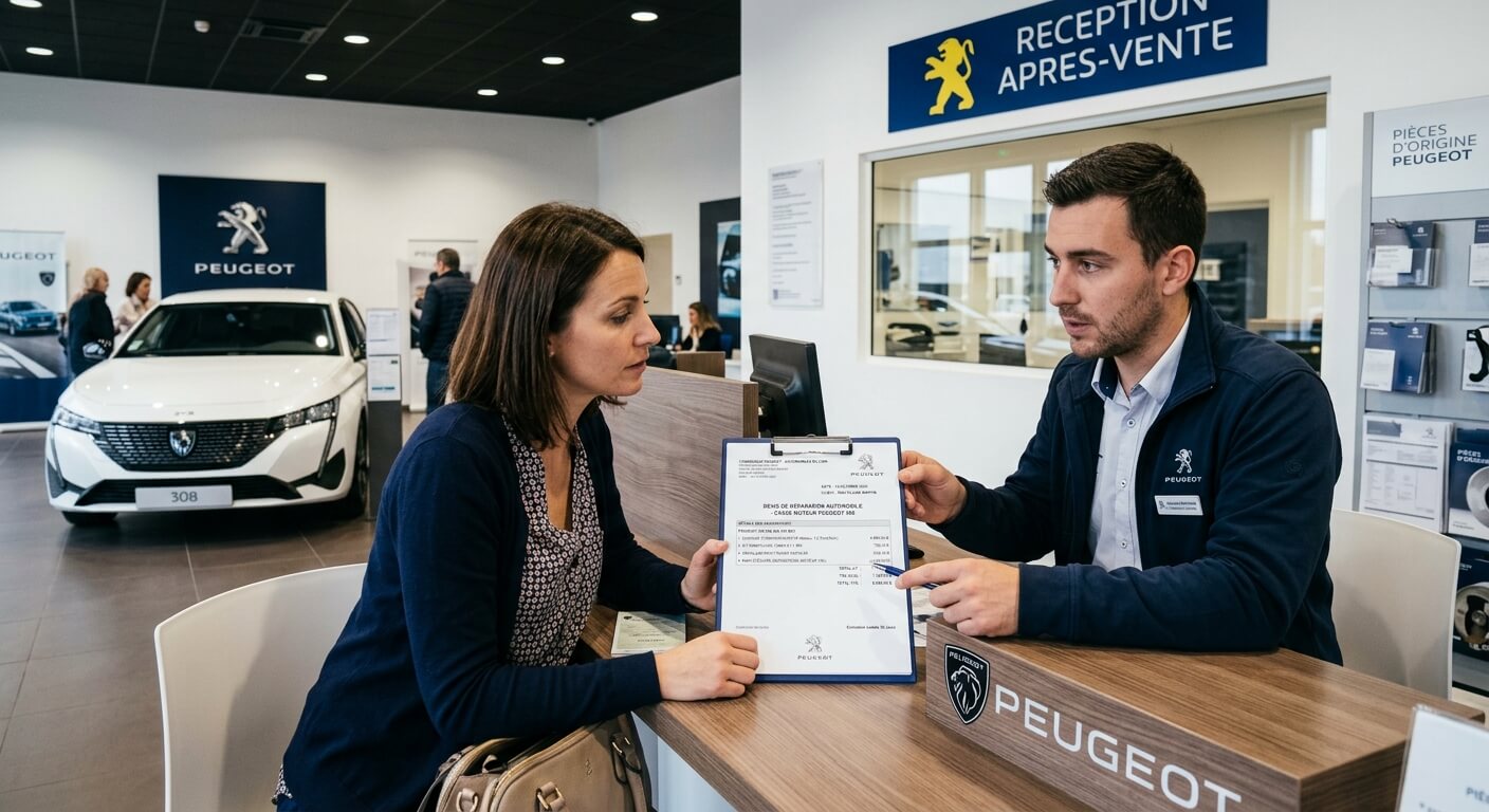 Devis de réparation automobile pour une casse moteur présenté dans une concession Peugeot.