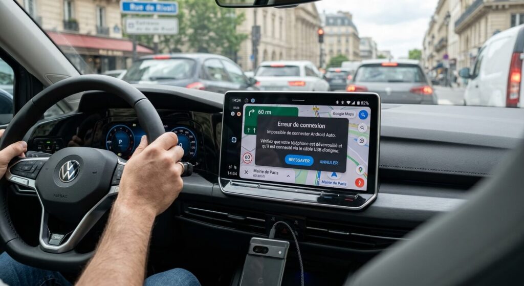 Android Auto ne fonctionne plus : les solutions qui marchent vraiment 2 Écran tactile de voiture affichant un message d'erreur de connexion avec Android Auto.