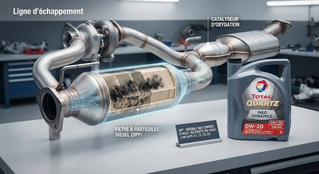 Ligne d'échappement avec filtre à particules diesel nécessitant une huile à faible taux de cendres.