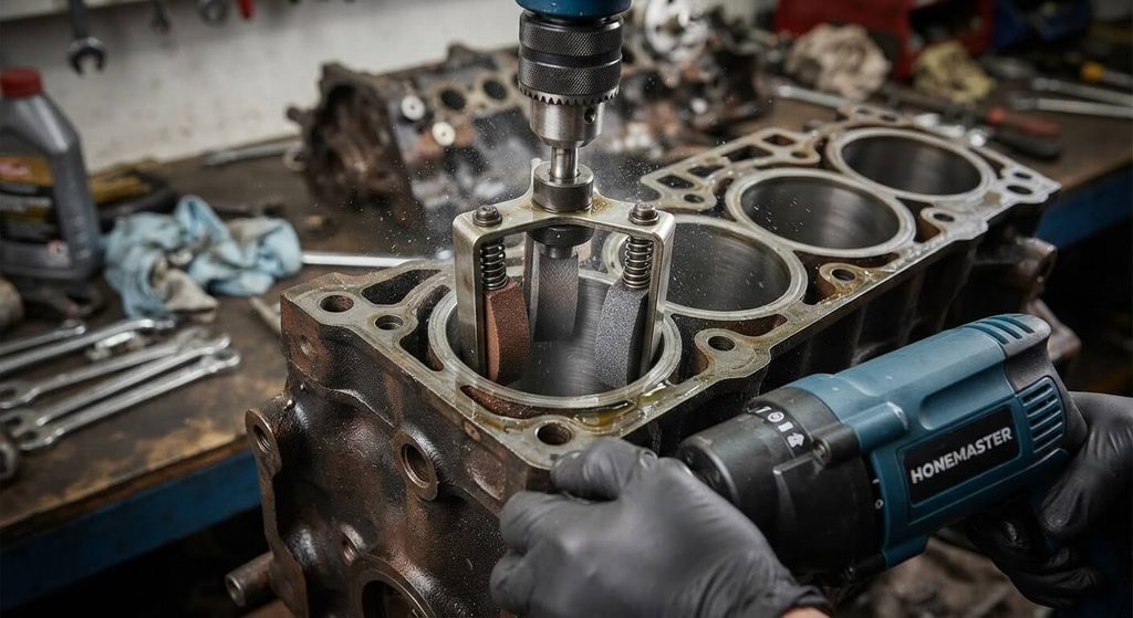 Outil honoir à trois pierres abrasives monté sur perceuse pour déglacer un cylindre moteur.