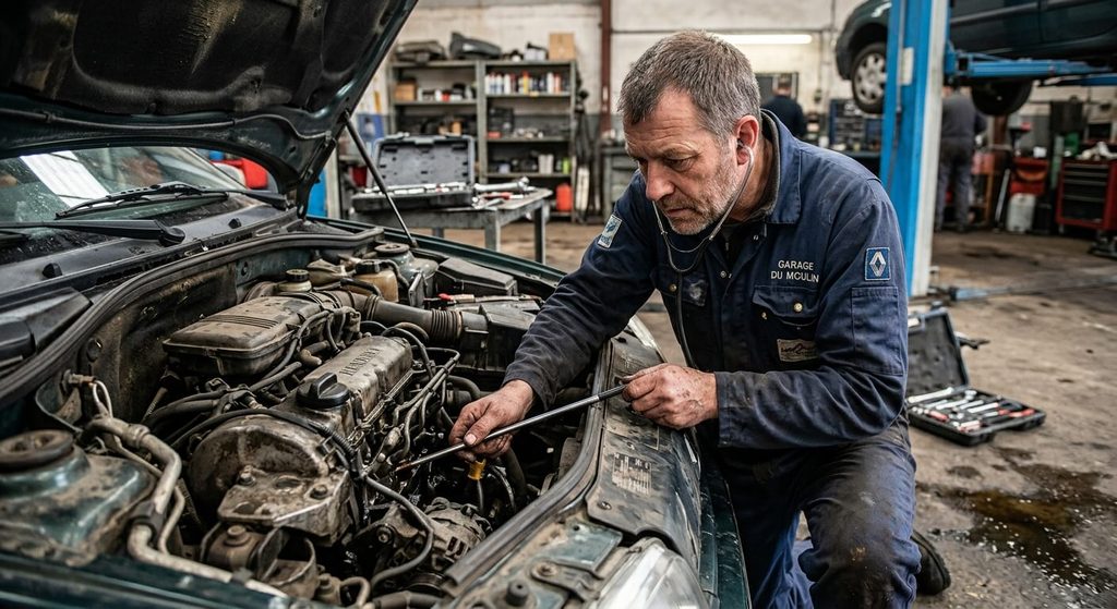 Mécanicien localisant un bruit de claquement dans le bas moteur à l'aide d'un stéthoscope d'atelier.