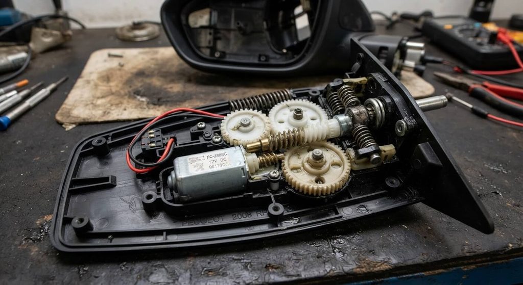 Rétroviseur 2008 qui ne s'ouvre plus : causes et solution immédiate 3 Mécanisme d'engrenage et moteur de rabattement d'un rétroviseur électrique de Peugeot 2008 démonté.