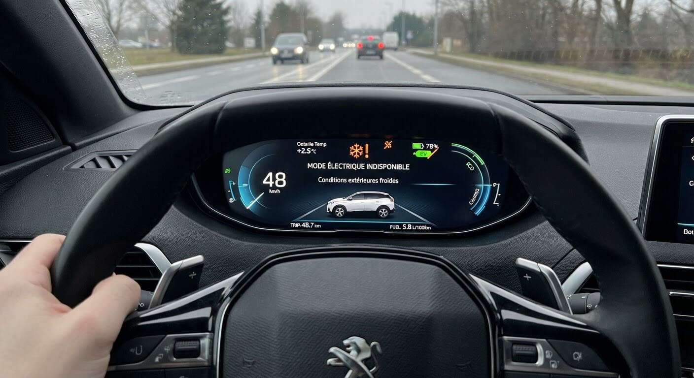 Écran de combiné de bord d'un véhicule hybride affichant le refus du mode électrique pour conditions extérieures.