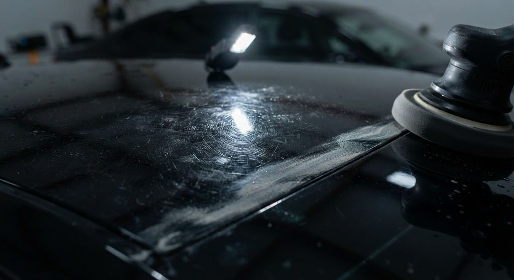 Détail des micro-rayures sur un toit noir brillant lors d'un traitement de lustrage automobile.