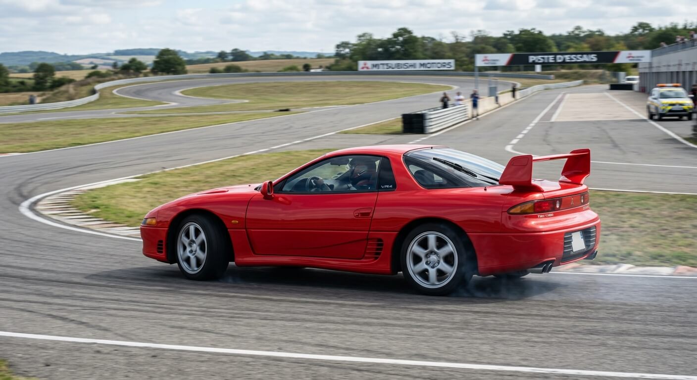 Mitsubishi 3000GT VR4 rouge affichant son aileron actif déployé sur piste d'essai.