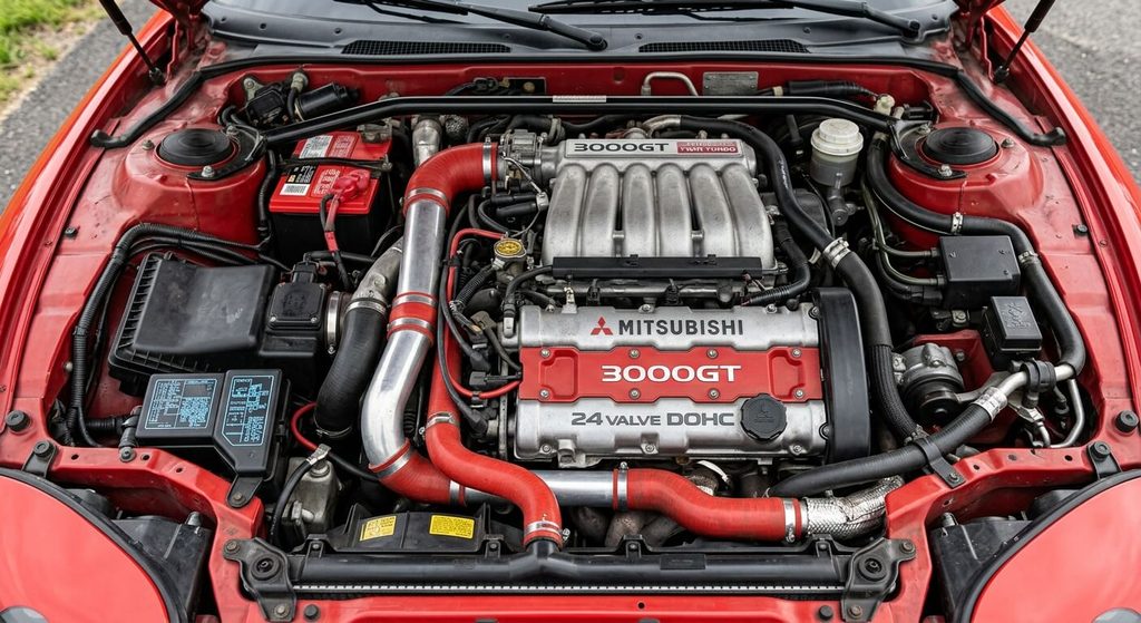 Compartiment moteur dense d'une Mitsubishi 3000GT VR4 avec son V6 biturbo transversal.