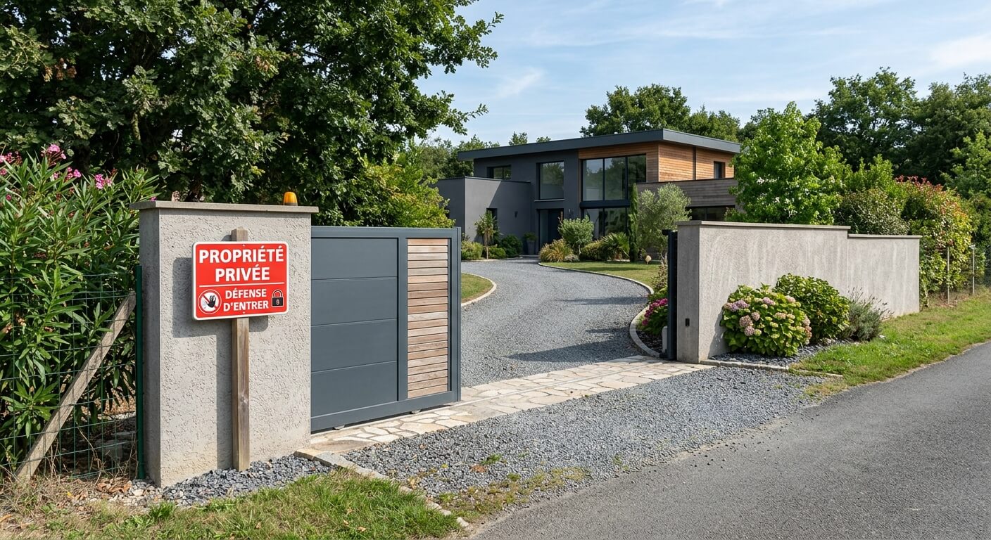 Panneau Propriété privée défense d'entrer installé à l'entrée d'une cour de maison.