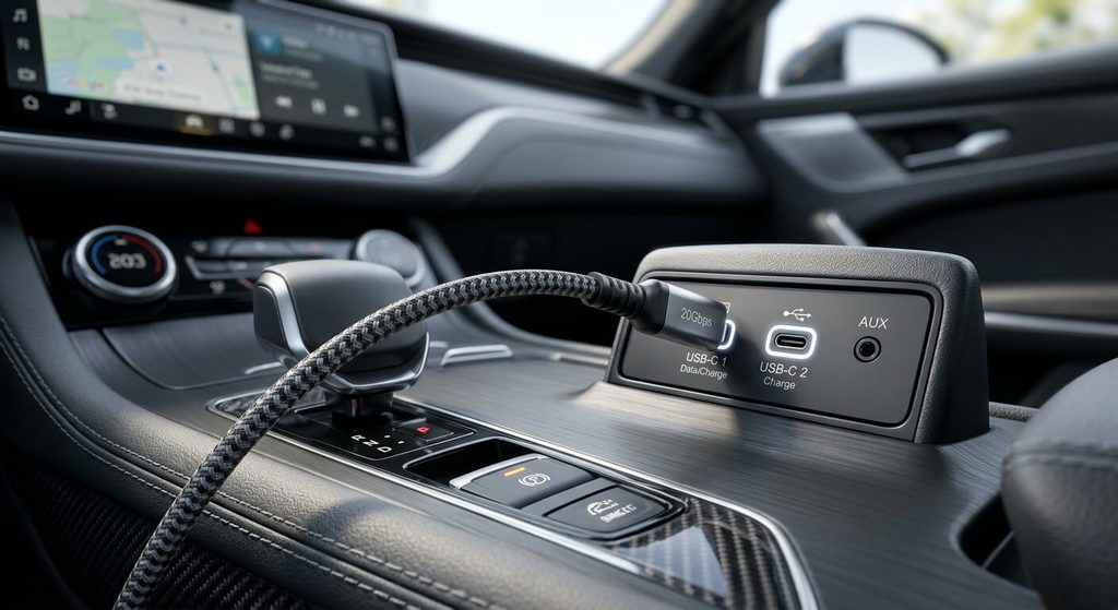 Android Auto ne fonctionne plus : les solutions qui marchent vraiment 4 Câble USB-C haute vitesse branché sur la prise multimédia de la console centrale d'une automobile.
