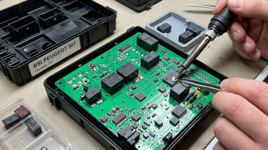Carte électronique interne d'un BSI de Peugeot 307 avec remplacement des micro-relais soudés.
