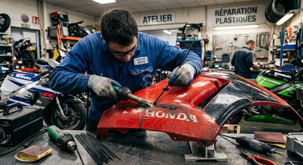 Réparation plastique ABS : la méthode à l'acétone qui fonctionne vraiment 2 Réparation par fusion thermique d'une fissure sur un carénage de moto en plastique ABS.