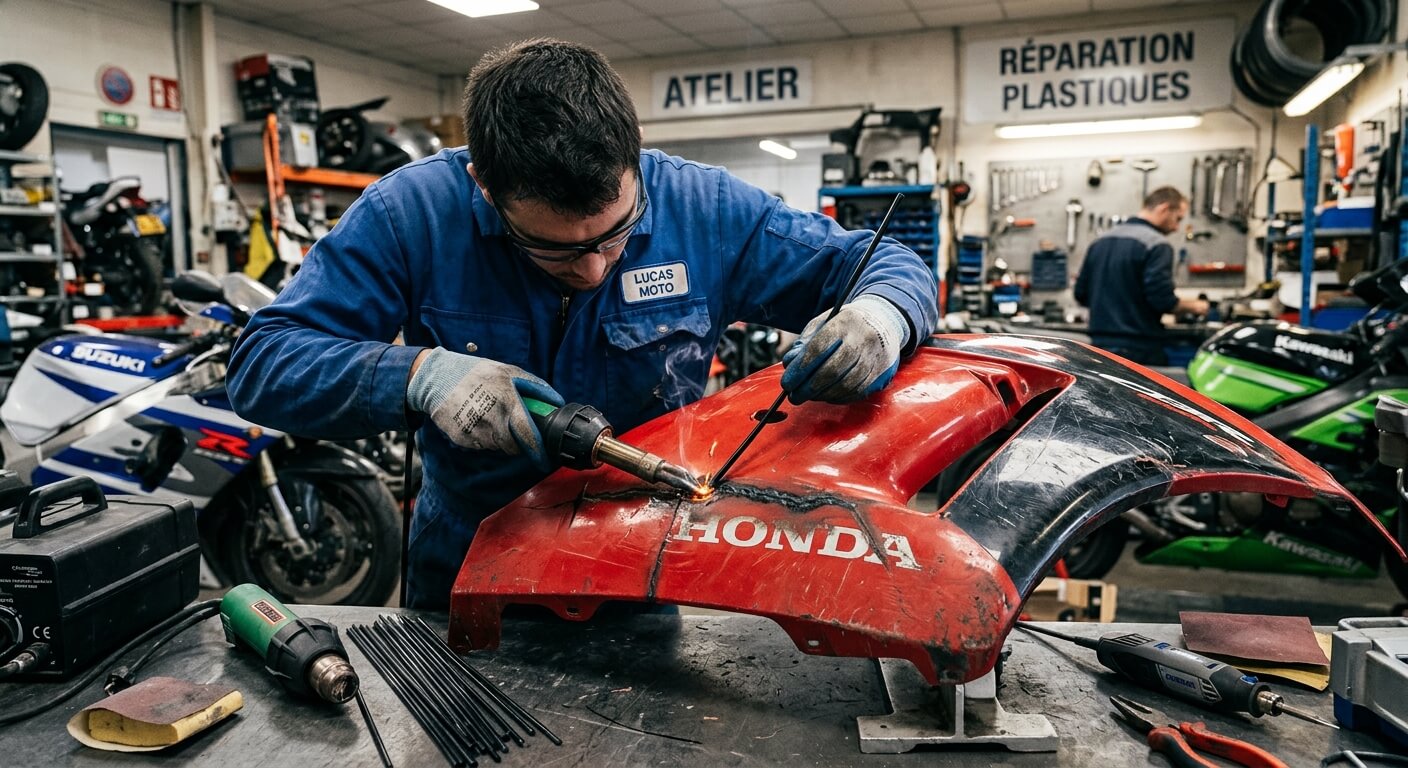 Réparation par fusion thermique d'une fissure sur un carénage de moto en plastique ABS.