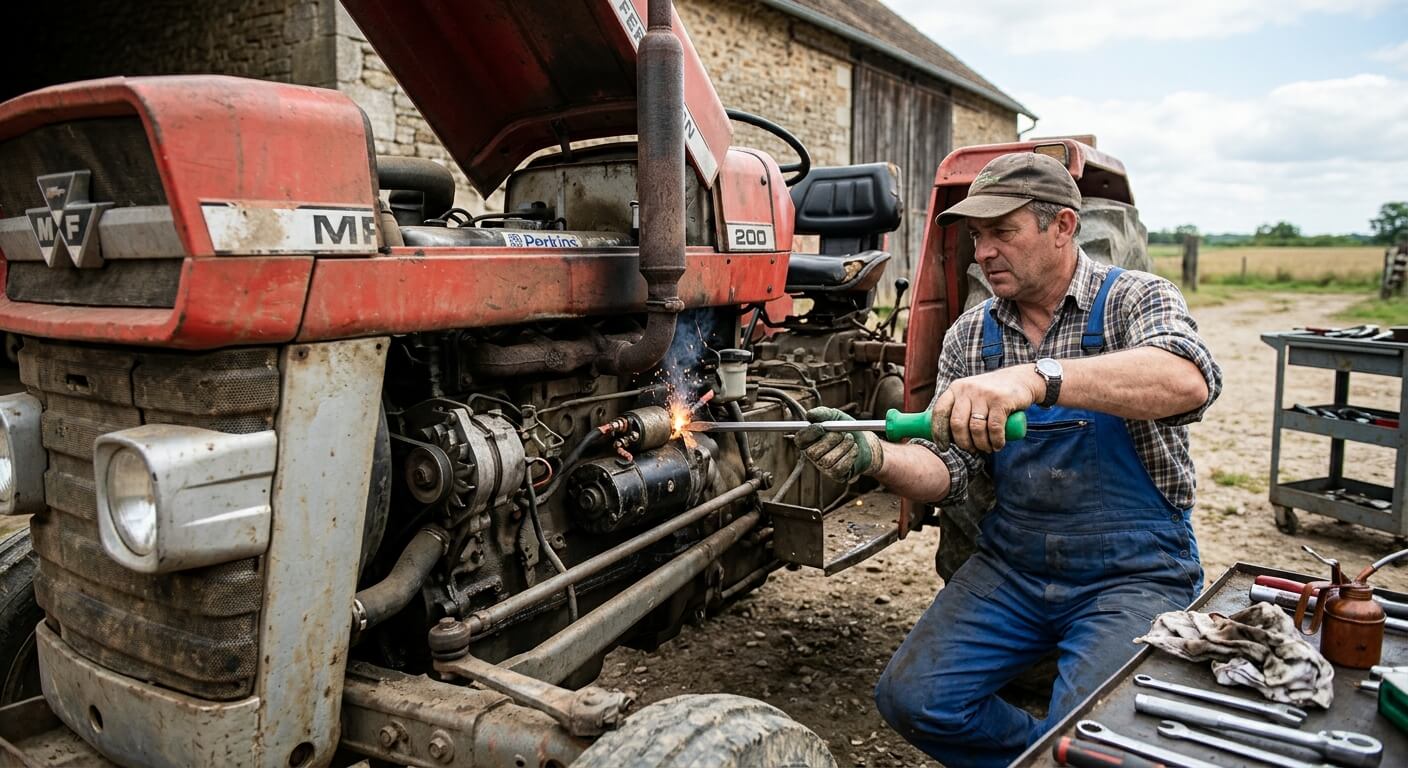 Shuntage direct des bornes d'un démarreur de tracteur agricole à l'aide d'un tournevis isolé.