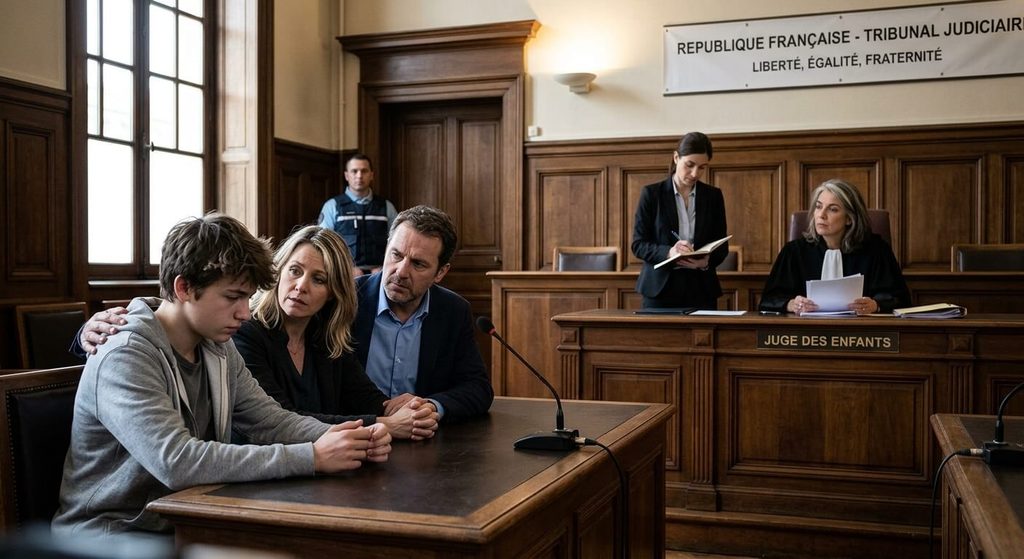 Parents et adolescent convoqués devant le juge des enfants au tribunal judiciaire.
