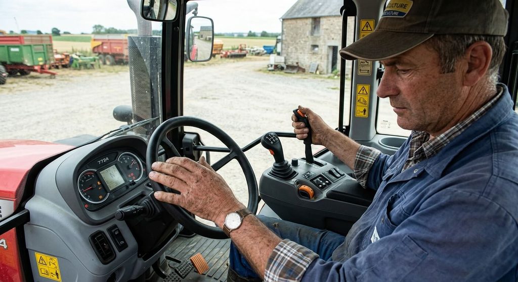 Vérification du levier de vitesse au point mort et serrage du frein de parking en cabine de tracteur.