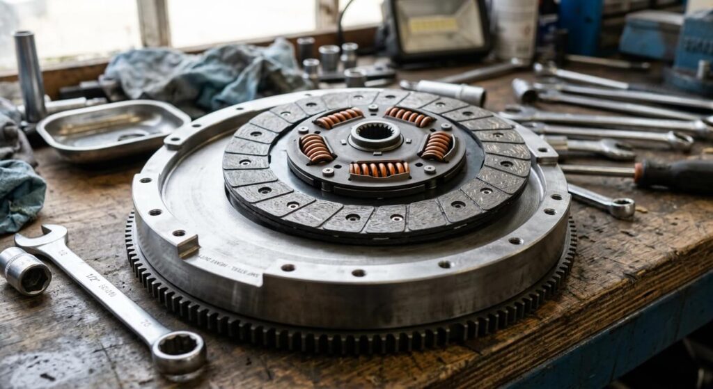 Volant moteur monomasse rigide en acier usiné avec son disque d'embrayage à ressorts renforcés.