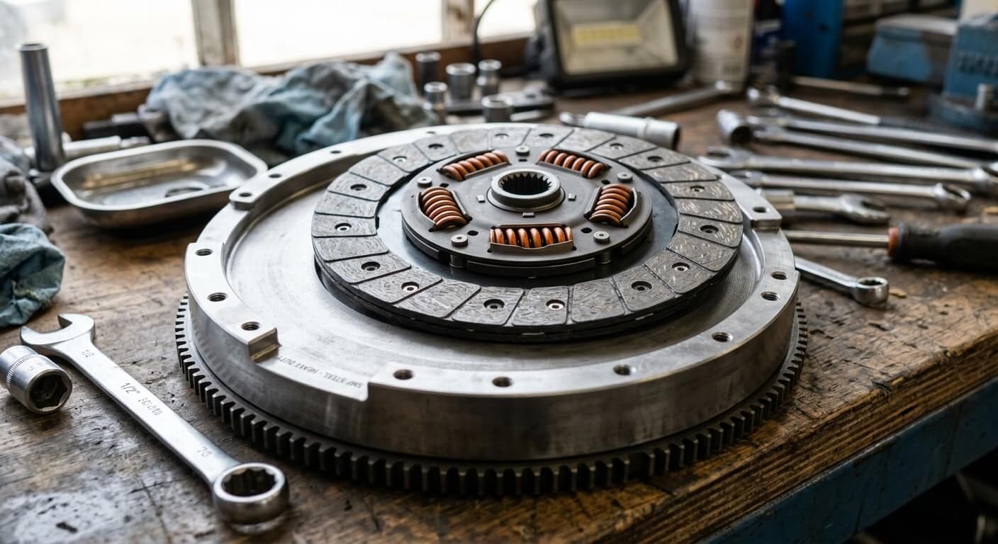 Volant moteur monomasse rigide en acier usiné avec son disque d'embrayage à ressorts renforcés.