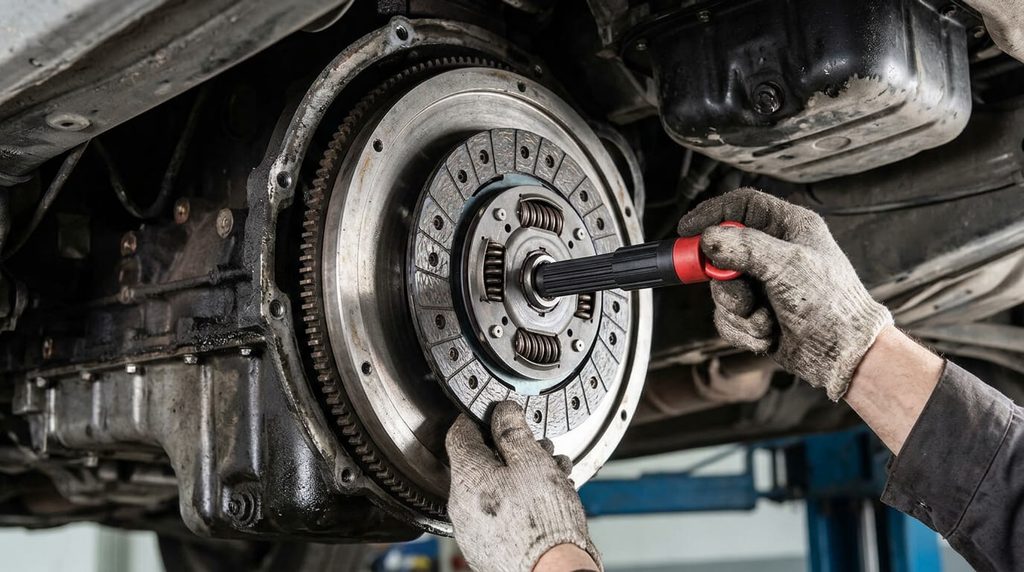 Utilisation d'un centreur d'embrayage pour aligner le disque face au volant moteur.