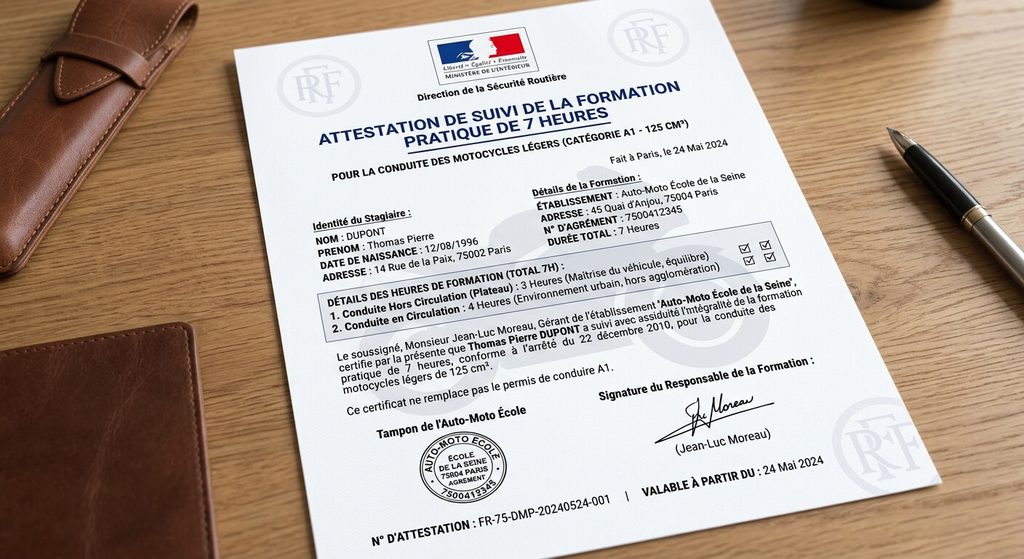 Attestation de suivi de la formation pratique de 7 heures pour deux-roues 125 cm3.
