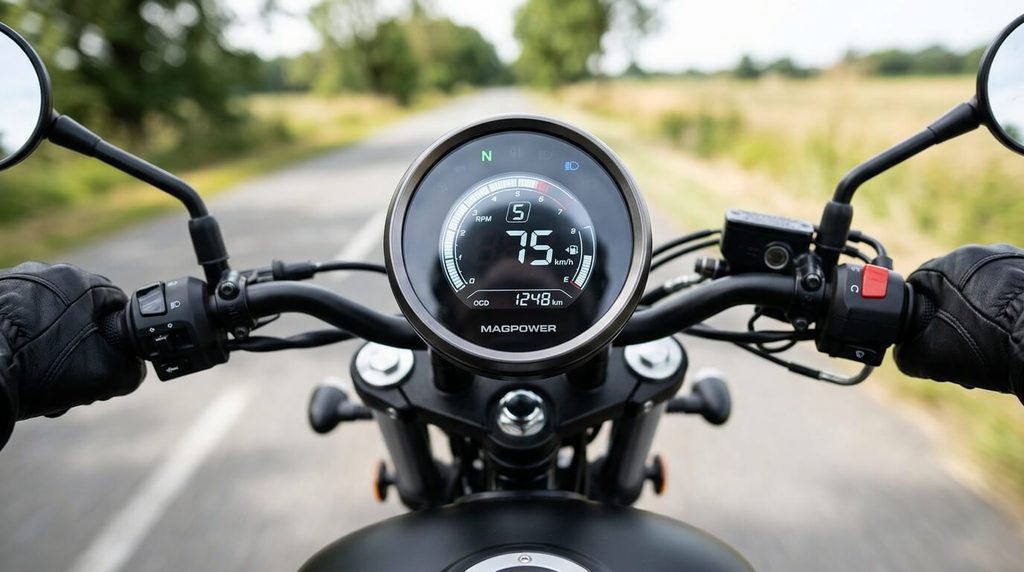 Gros plan sur le tableau de bord digital rond affichant la vitesse de la moto Magpower.