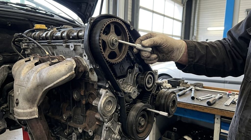 Pige de calage insérée sur la poulie de distribution d'un moteur Renault pour vérifier la synchronisation.