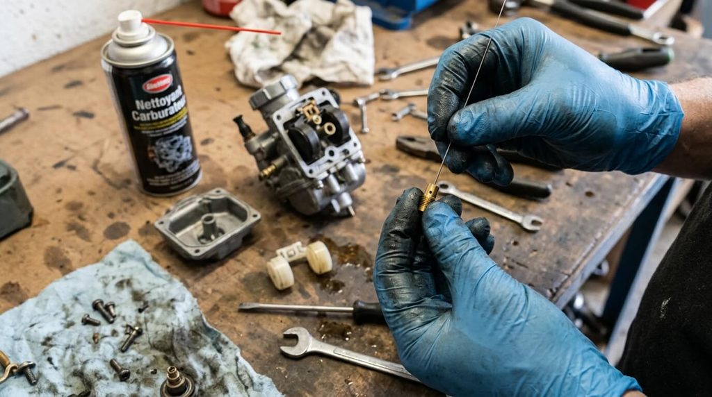 Nettoyage des gicleurs d'essence d'un carburateur de scooter 50cc démonté sur un établi.