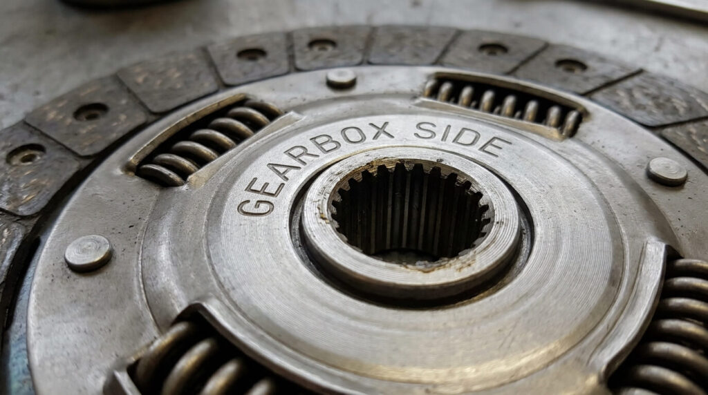 Gros plan sur le moyeu d'un disque d'embrayage avec la mention gravée Gearbox Side.
