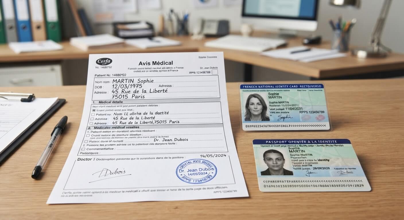 Formulaire Cerfa d'avis médical rempli posé avec les pièces justificatives d'identité.