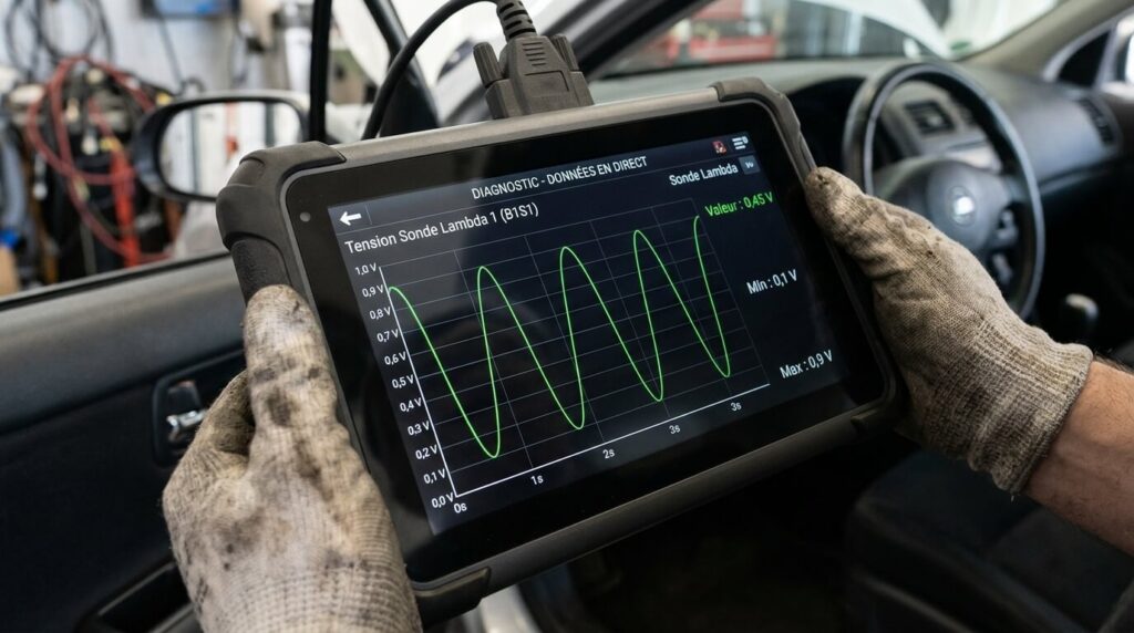 Courbe sinusoïdale de tension d'une sonde lambda oscillant entre 0,1 et 0,9 volt sur outil de diagnostic.