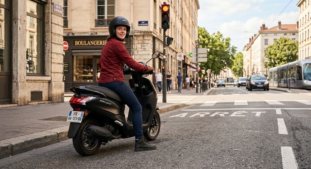 Scooter 125 pour femme : quel modèle choisir et quel permis ? 3 Position d'arrêt avec les deux pieds bien à plat sur le sol au guidon d'un scooter bas.