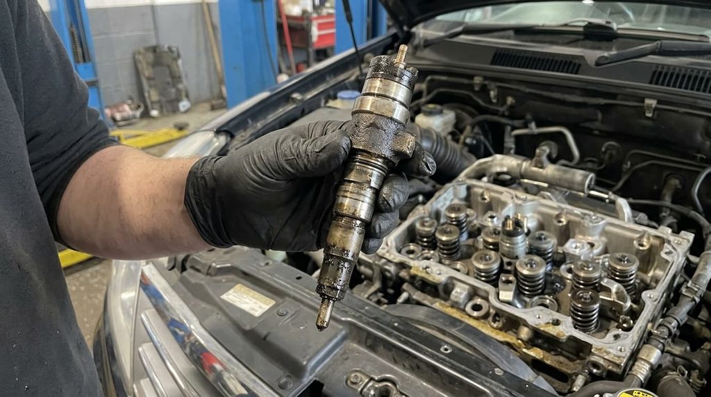Injecteur haute pression Delphi extrait de la culasse d'un Rexton 2.7 XDi.