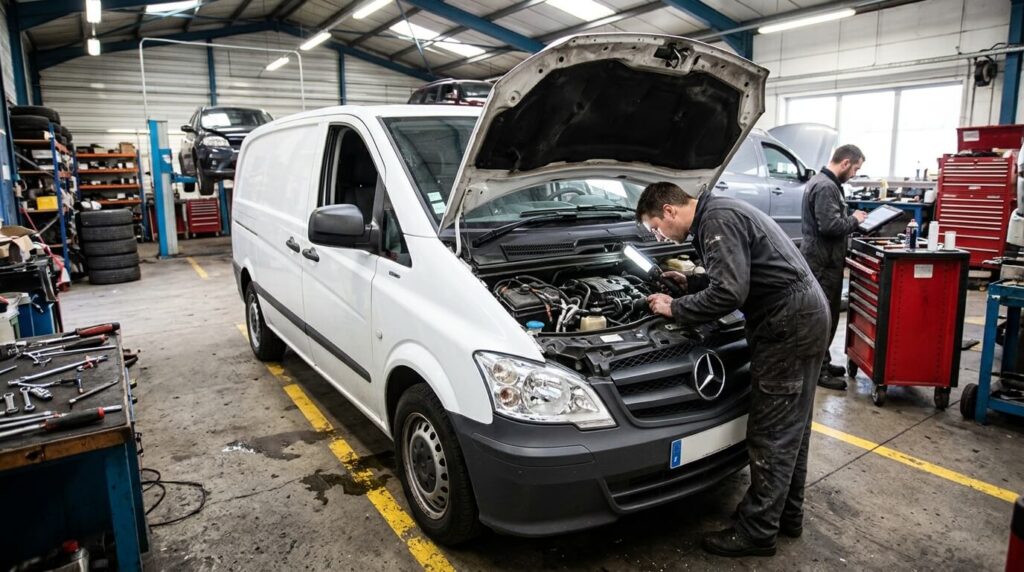 Fourgon Mercedes Vito 113 CDI capot ouvert lors d'un contrôle mécanique en atelier.