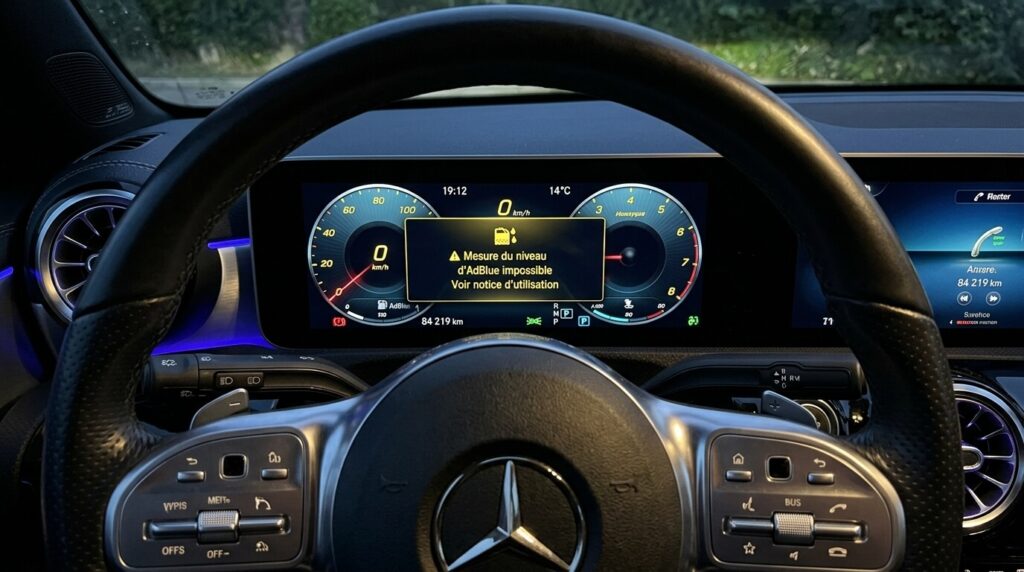Mesure du niveau impossible AdBlue Mercedes : causes et solutions 2 Message d'alerte jaune au combiné d'instruments Mercedes indiquant mesure du niveau impossible pour l'AdBlue.