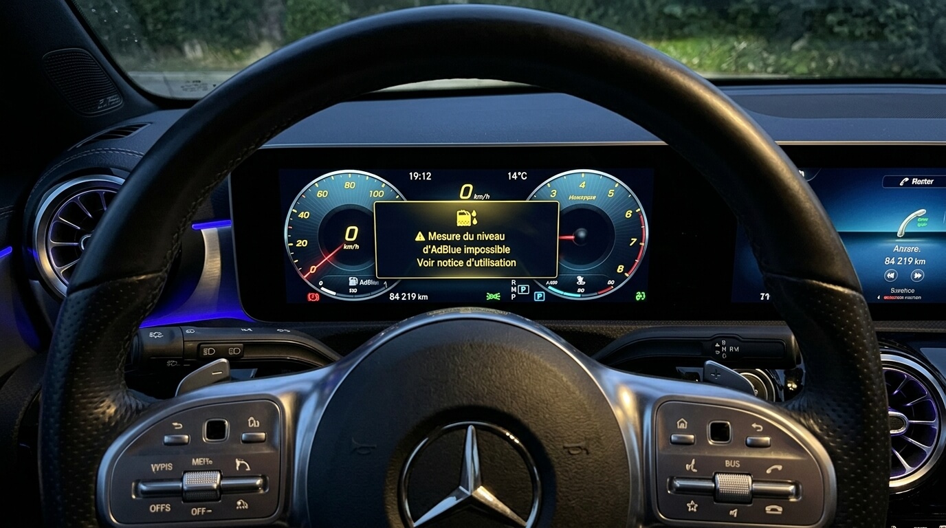 Message d'alerte jaune au combiné d'instruments Mercedes indiquant mesure du niveau impossible pour l'AdBlue.