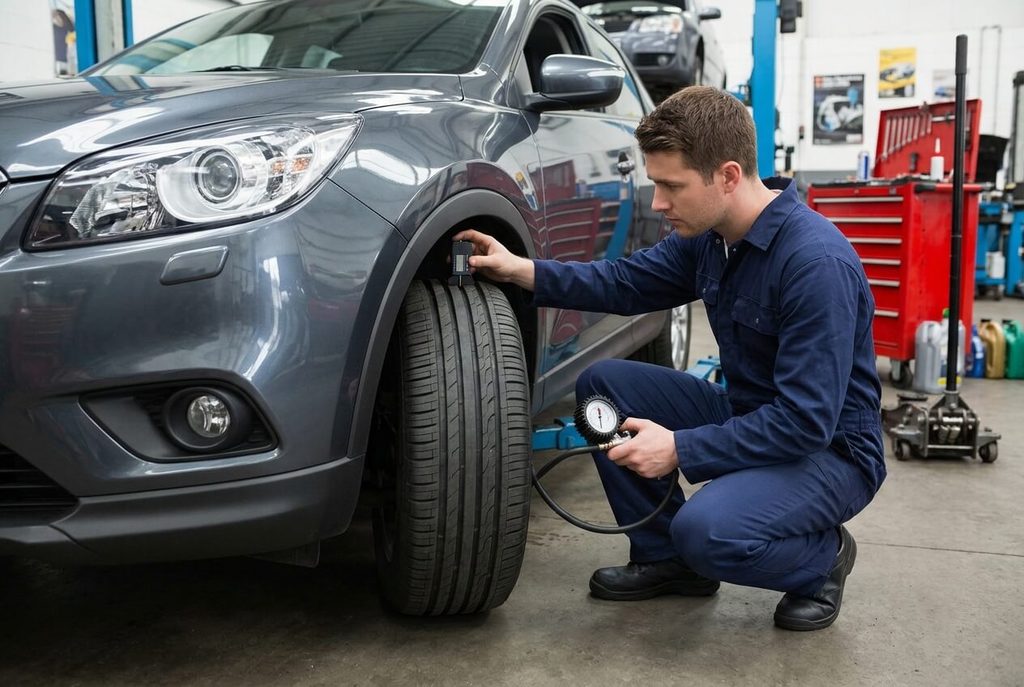 Voiture qui tire à droite malgré un parallélisme réglé : causes cachées et solutions 3 Contrôle de l'usure de la bande de roulement et de la pression d'un pneu avant droit.