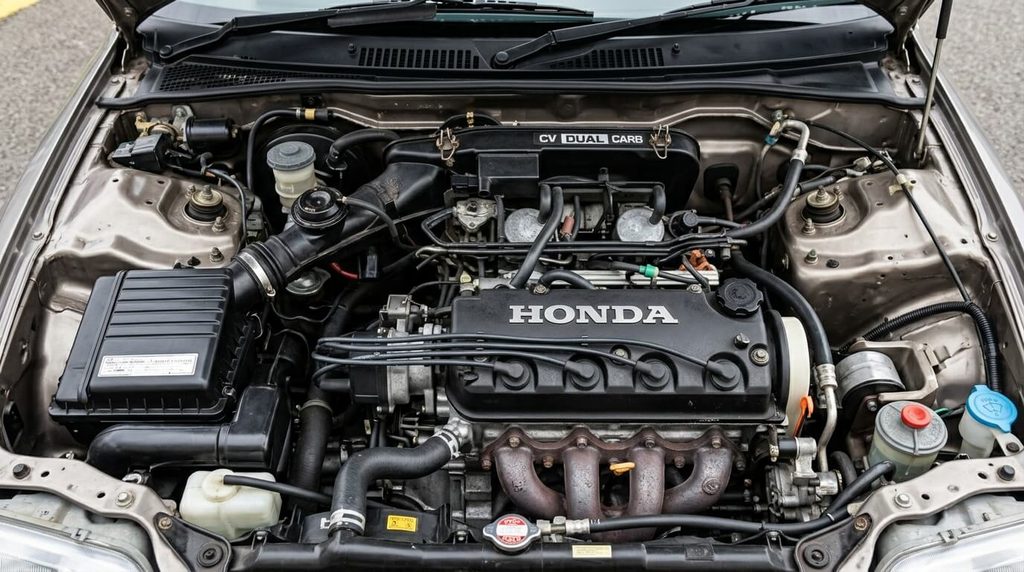 Baie moteur de Civic EC9 avec le bloc 1.4 double carburateur D14A1.