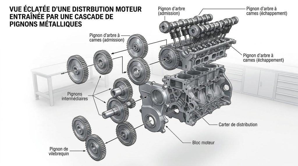 Vue éclatée d'une distribution moteur entraînée par une cascade de pignons métalliques.