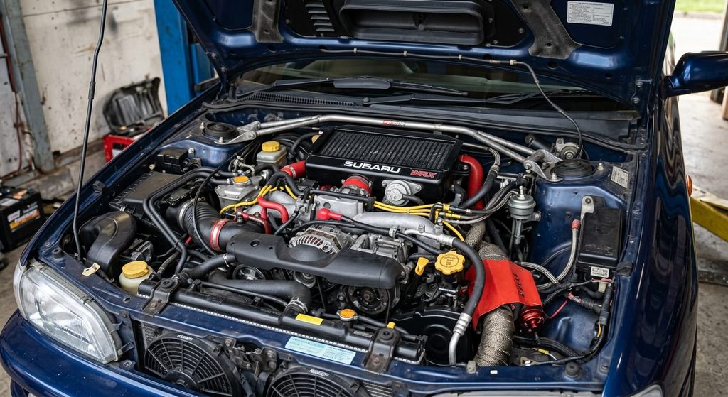 Moteur 4 cylindres à plat EJ20 Turbo sous le capot d'une Subaru Impreza de 1995.