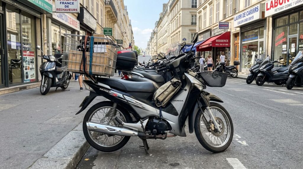 Moto utilitaire légère Honda Wave 125s stationnée dans une rue urbaine.