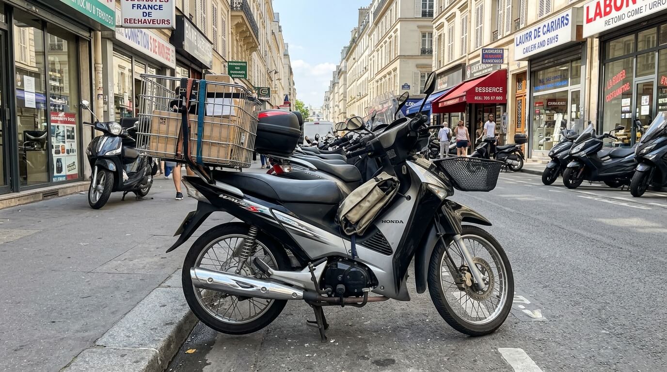 Moto utilitaire légère Honda Wave 125s stationnée dans une rue urbaine.