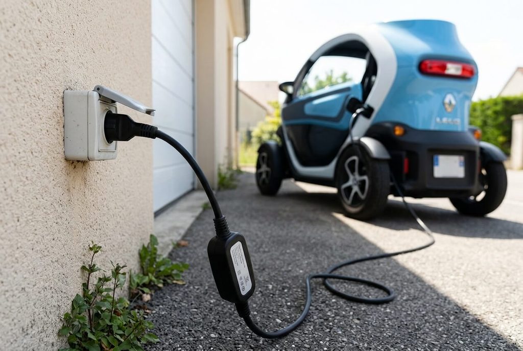 Câble de recharge branché sur une prise murale standard pour alimenter un quadricycle lourd.