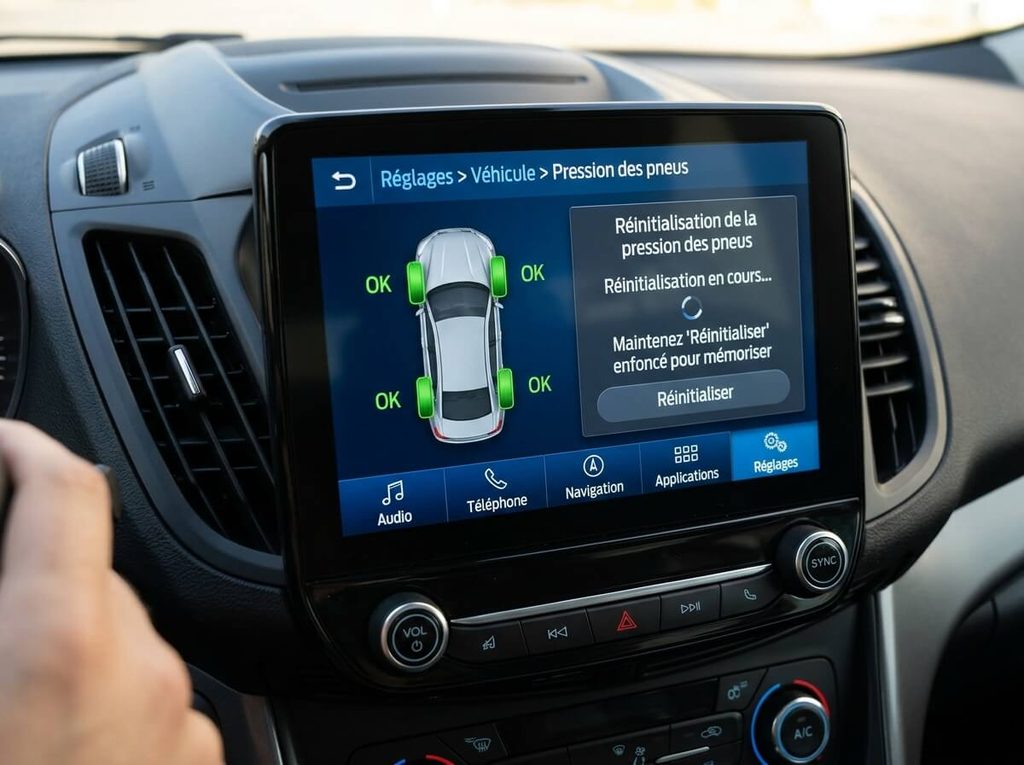 Écran de bord Ford SYNC affichant la réinitialisation du système de surveillance de pression des pneus.