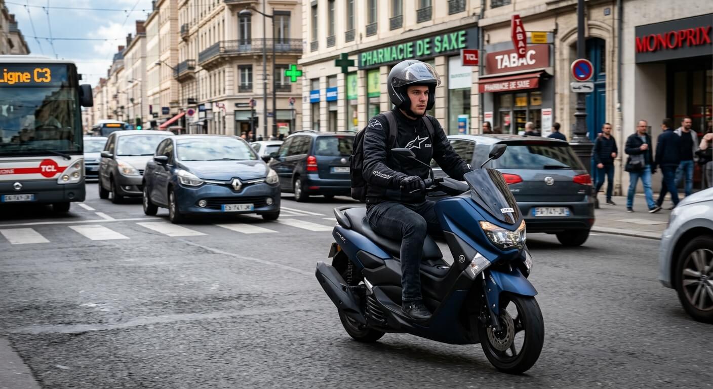Conducteur au guidon d'un scooter 125 cm3 en circulation urbaine.Conducteur au guidon d'un scooter 125 cm3 en circulation urbaine.