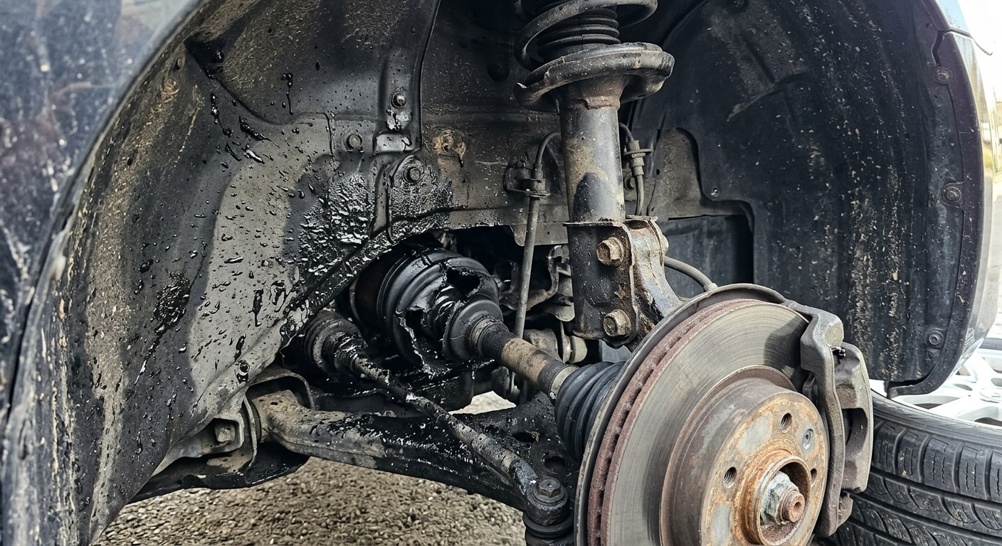 Soufflet de cardan en caoutchouc déchiré projetant de la graisse noire dans le passage de roue.