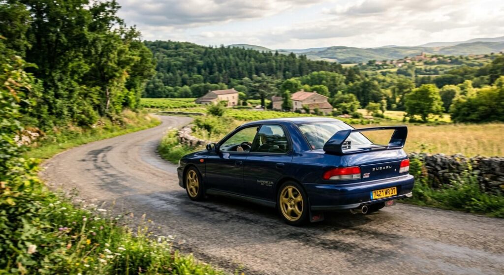 Subaru Impreza GT Turbo de 1995 bleu mica avec jantes dorées sur route de campagne.