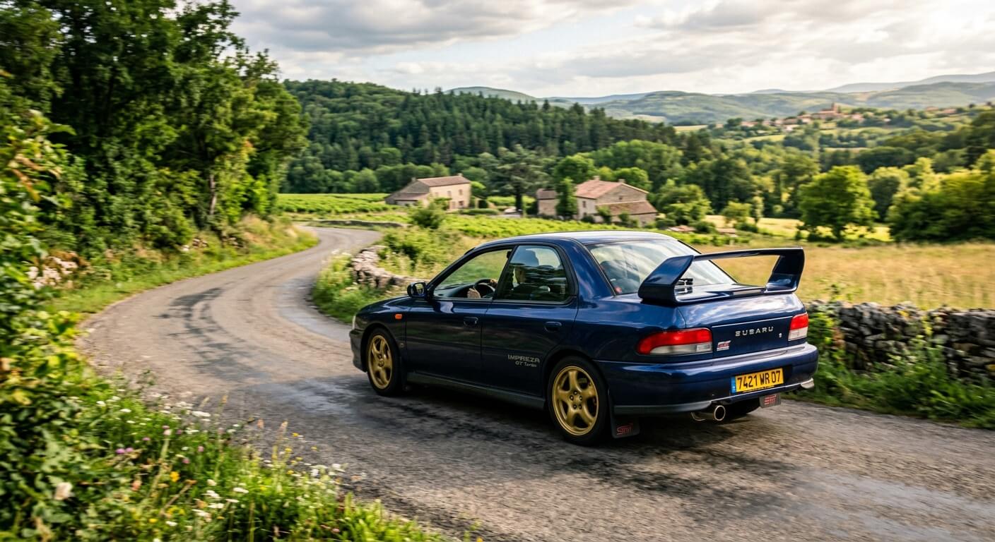 Subaru Impreza GT Turbo de 1995 bleu mica avec jantes dorées sur route de campagne.